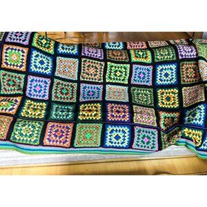 Vintage Handmade Knit Crochet Squares Afgan Throw